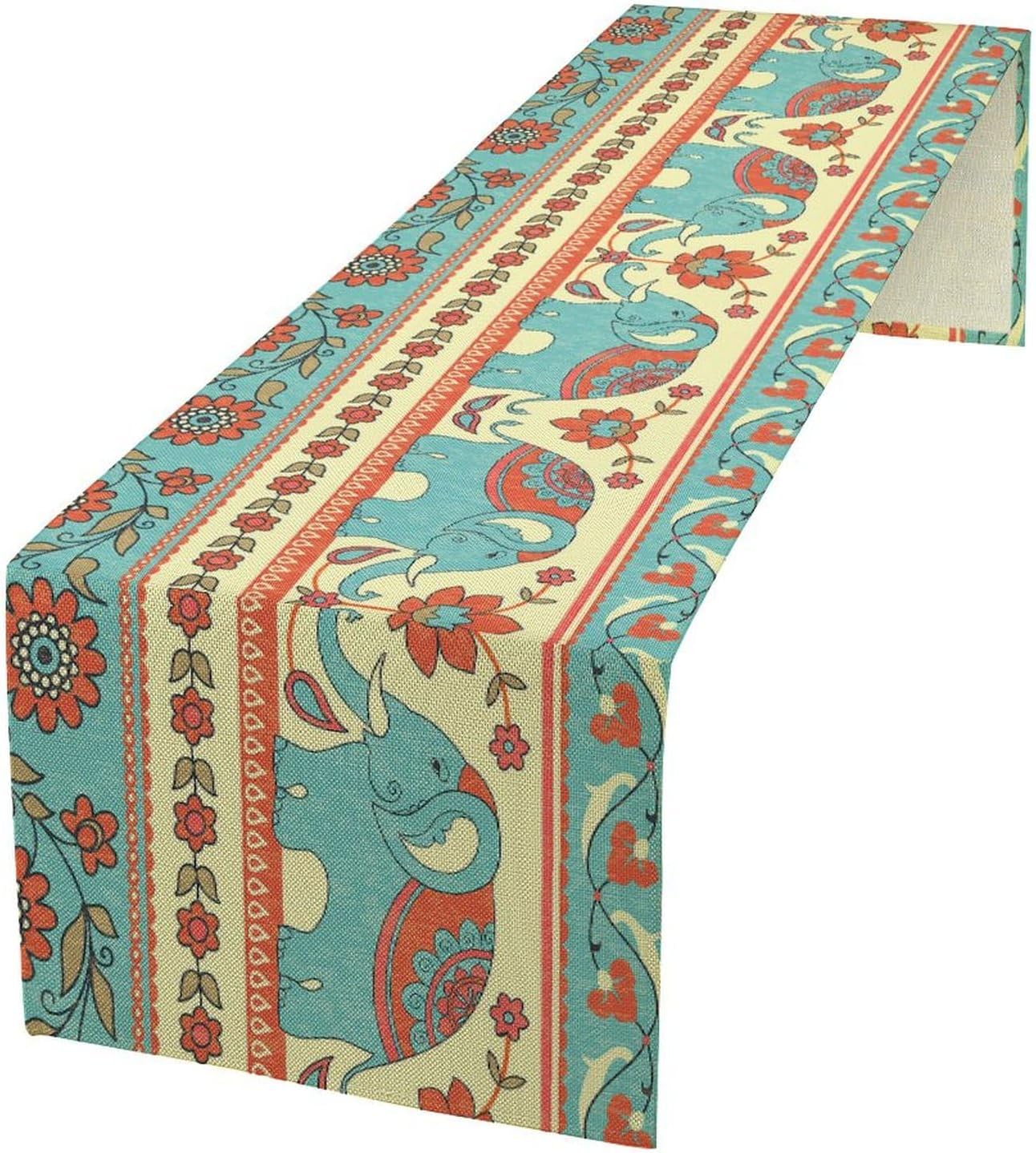 Ethnic Aztec Table Runner, Elephants and Flowers Vintage Tribal Bohemian Style, Rectangle Scarf for Dining Room Kitchen Table Setting Decor 13in(33cm) W * 120in(305cm) L