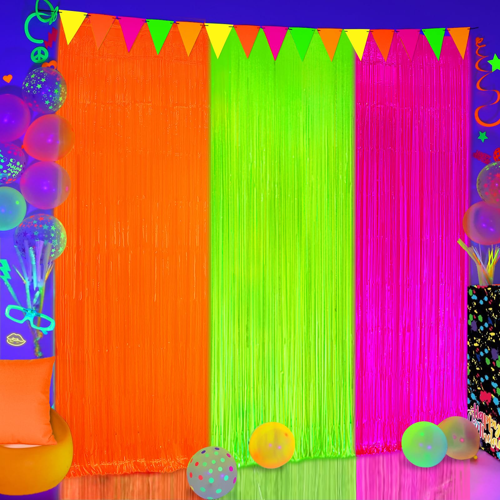 3 Pack Glow in The Dark Foil Fringe Curtains with Banner, Neon Birthday Party Decorations 9.9 x 6.6 ft Fluorescent Macaron Green/Orange/Fuchsia Glow
