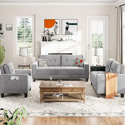 Merax 3 Pieces Velvet Sectioanal Sofa Set, Living Room Sofa Set Modern Style Button Tufted Sofa Couch Included Upholstered Armchair, Loveseat and Three Seat for Home or Office