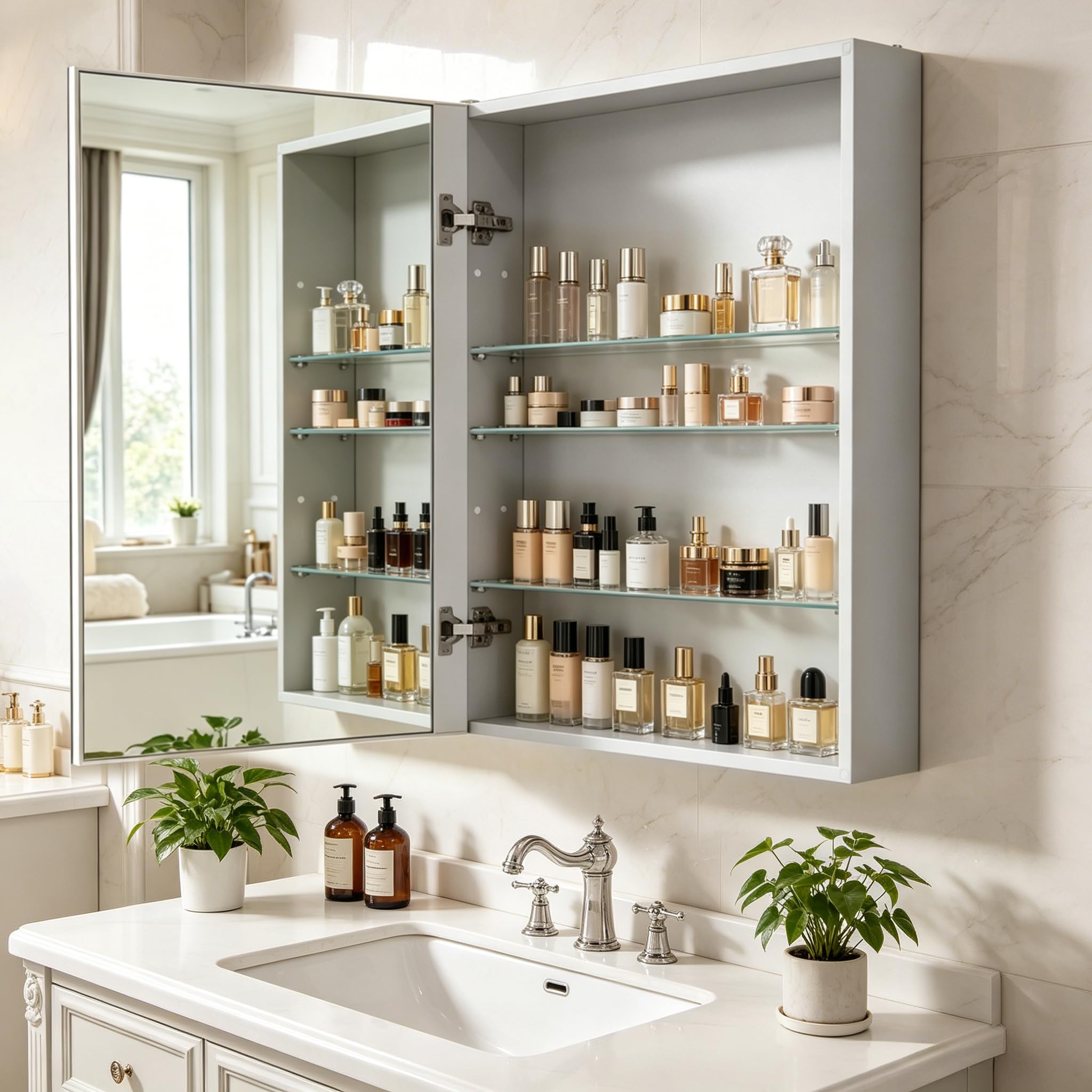 Botiquín de baño de 80 x 60 cm con espejo, marco de aluminio, ligero, resistente y atractivo, apto para empotrar o montar en la pared, estantes ajustables, vidrio templado