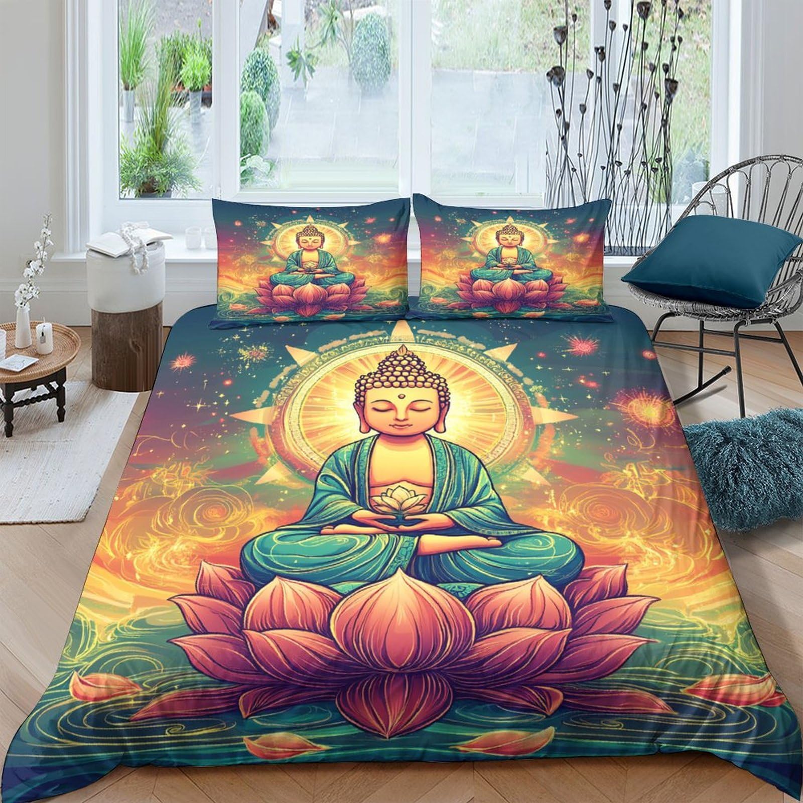 Ctjqhvkz Style-7 3D Printed Buddha Lotus Fitted Sheet Microfiber Soft Breathable Mandala Bed Cover For Bedroom Dorm Mattress Protection Decor Single（135X200cm）