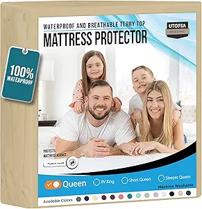 Utopia Bedding Waterproof Mattress Protector Queen Size, Premium Terry Mattress Cover 200 GSM, Breathable, Fitted Style with Stretchable Pockets (Beige)
