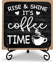 YQV Farmhouse Coffee Bar Sign - Rise & Shine It's Coffee Time 5x5 Wood Plaque with Stand for Kitchen Tabletop Decor