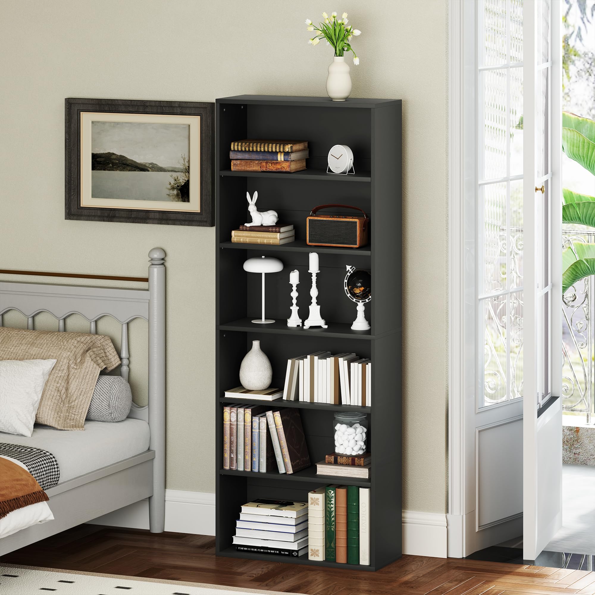 HOMCOM Bibliothèque Étagère de Rangement 60x24x158,5cm Noir | Avec 6 Compartiments, Étagère Réglable, Meuble de Rangement, pour Bureau, Salon, Chambre