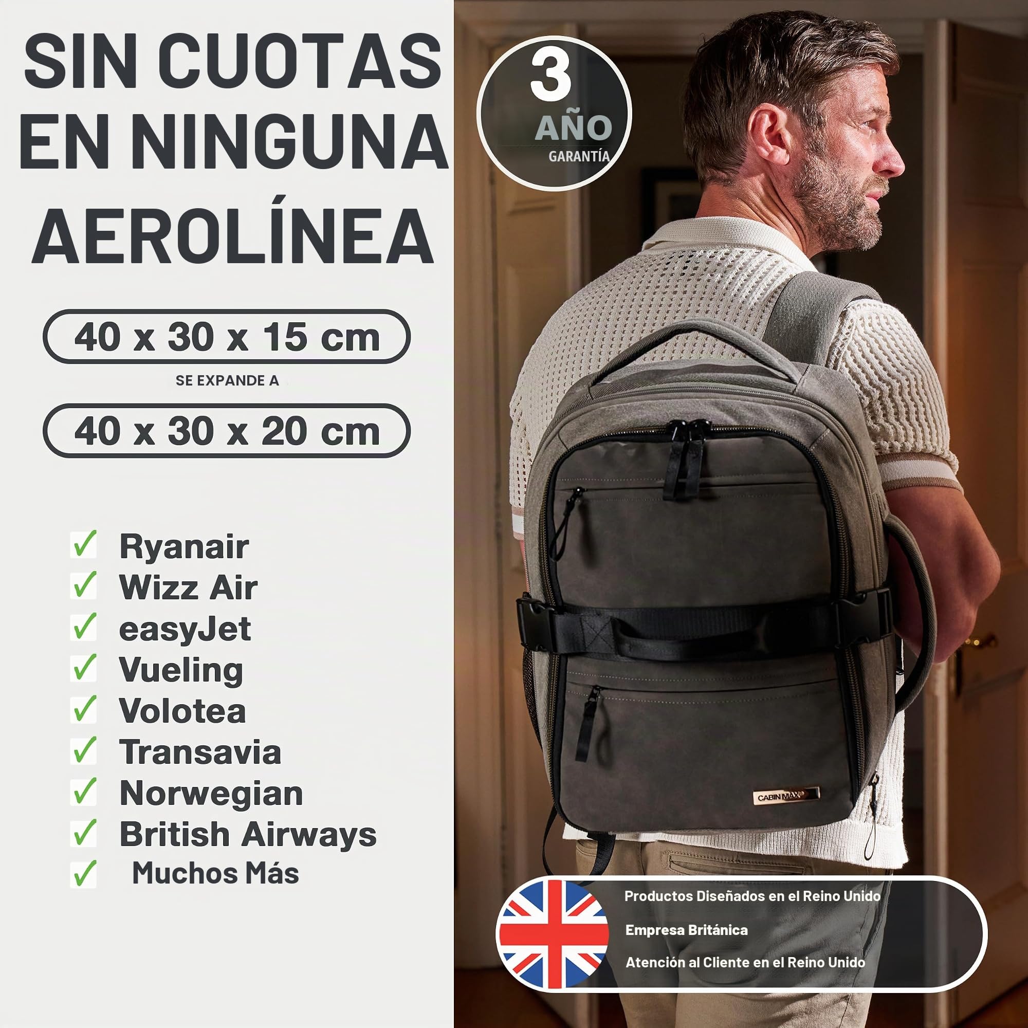 Cabin Max Evos Bolsa Viaje 40x30x20 Mochila Extensible de Mano híbrida con Ruedas (40 x 30 x 15 cm y 40 x 30 x 20 cm), Gris, 40x30x15, Equipaje de Mano Debajo del Asiento