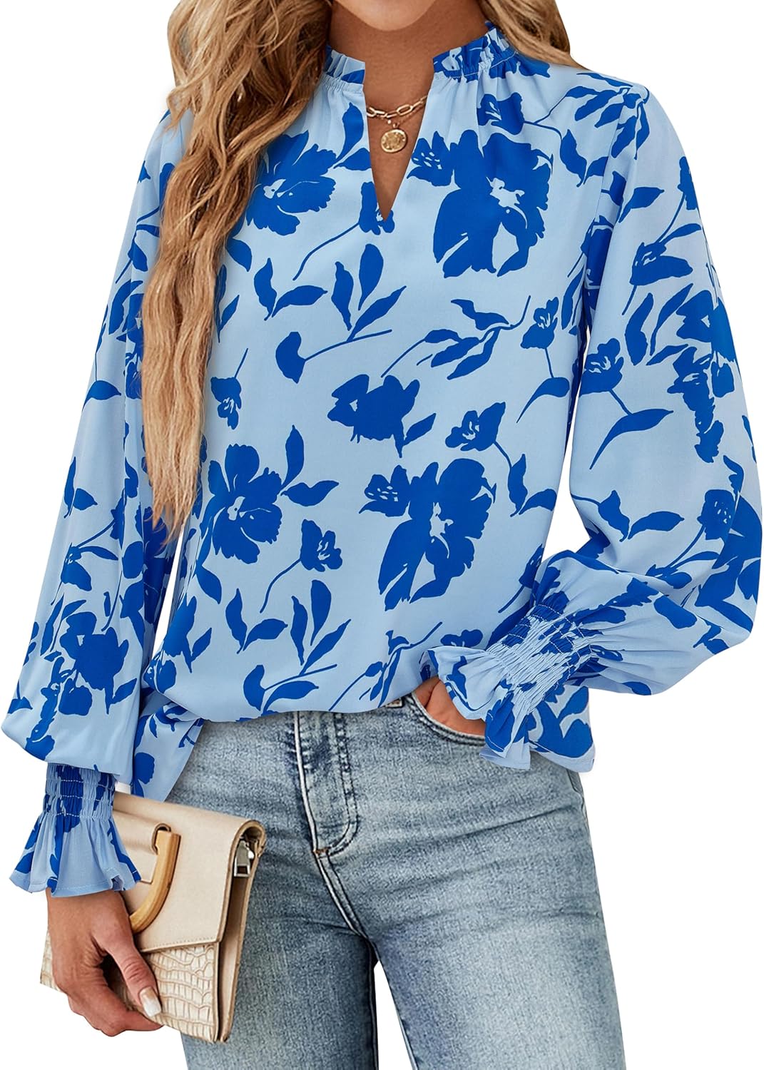 MASCOMODA Womens V Neck Floral Long Sleeve Tops 2026 Summer Casual Loose Puff Sleeve Chiffon Boho Work Blouse Dressy T Shirts - Image 2