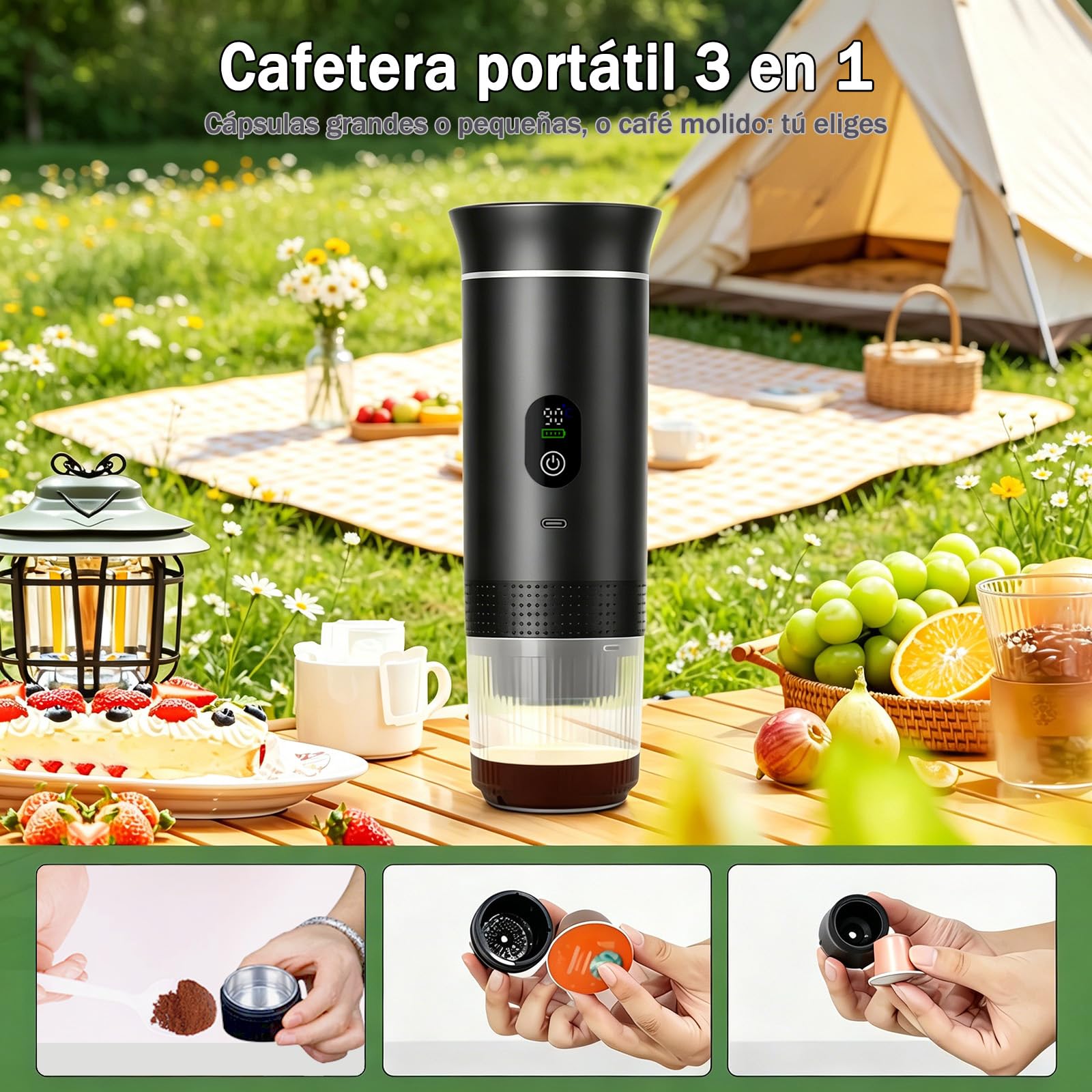 Nueva Cafetera de café espresso 3en1, para coche u oficina,Ideal para viaje | 20 bares, con pantalla LED,Máquina de café 80 ml compatible con cápsulas y café molido,Große Kaffeepulverschale (16 g)