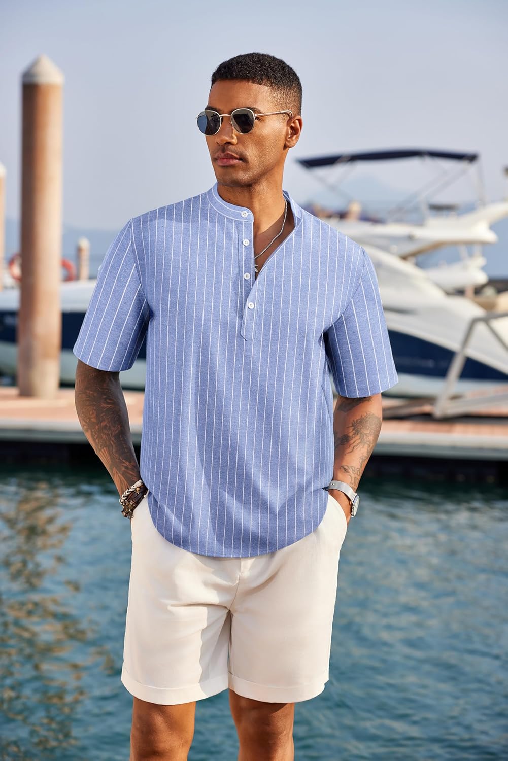 COOFANDY Men's Casual Henley Shirt Short Sleeve Band Collar Linen Shirt Summer Beach Hippie T-Shirts - Image 2