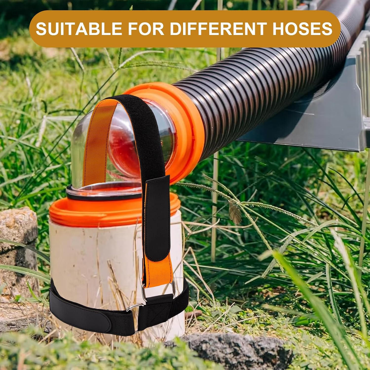 RV Sewer Hose Support Holder, Adjustable RV Hose Fastening Device with Magic Adhesive to Prevent Leaks and Dislodge, Easy Install Tightening Fittings for Camping and Compatible with Standard RV Hose