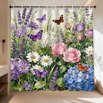 Nuxovilar Floral Butterfly Shower Curtain Polyester Waterproof 72x72 Inches - Shower Curtain with Hooks for Garden-Style Bathroom, Watercolor Design for Home Bath Decor