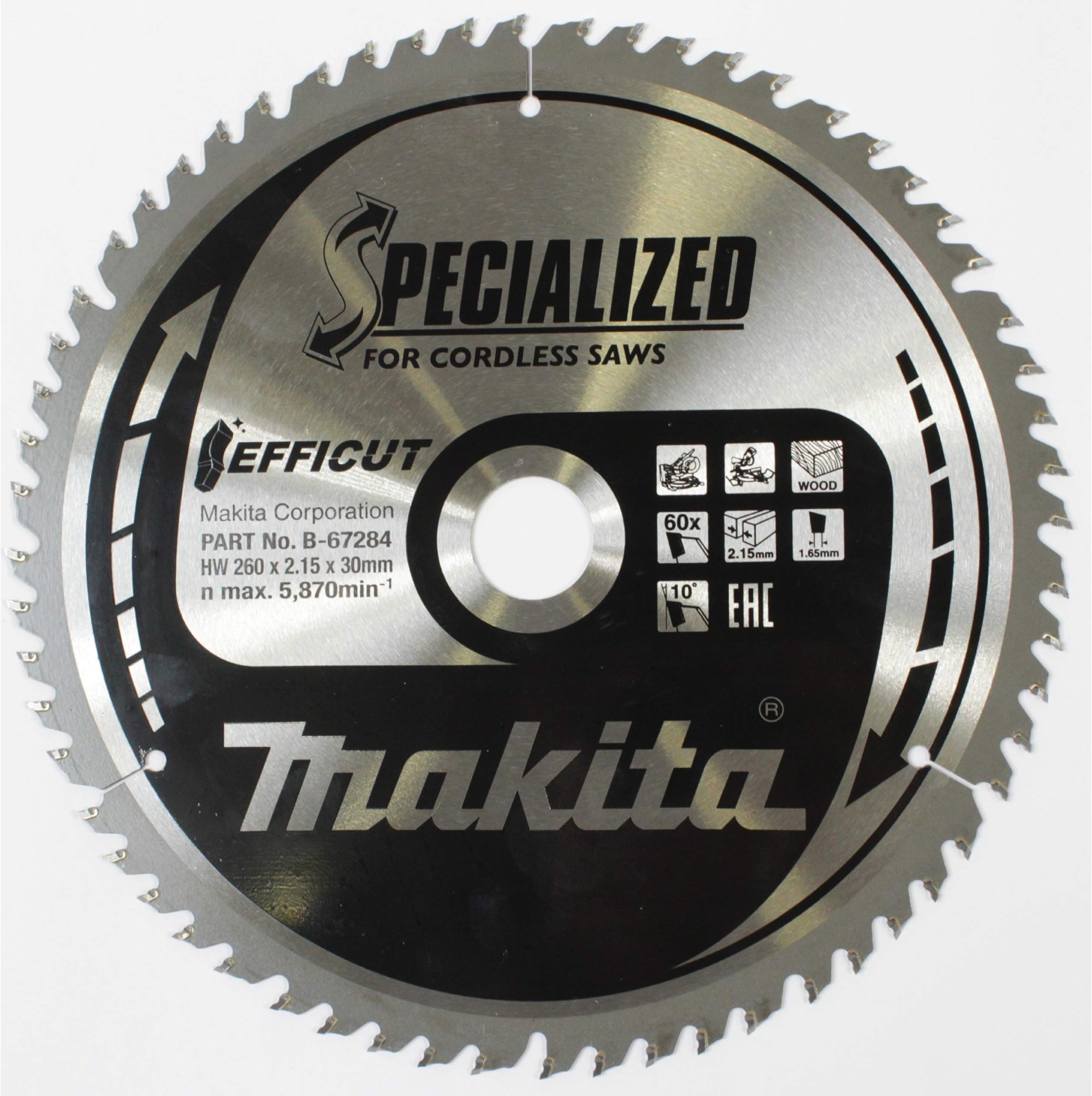 Makita Sägeblatt Efficut Holz für Akku Kapp- und Gehrungssägen (260 x 2,15 x 30 mm, 60 Zähne) B-67284