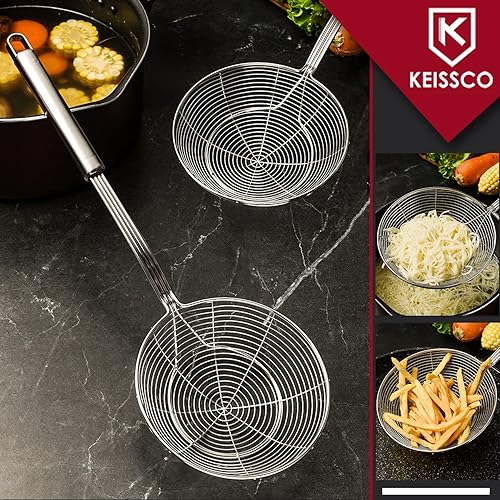 Miniatura 3 de Colador de araña de acero inoxidable para freír y cocinar, juego de 3 coladores asiáticos de alambre sólido, colador de pasta con mango largo,