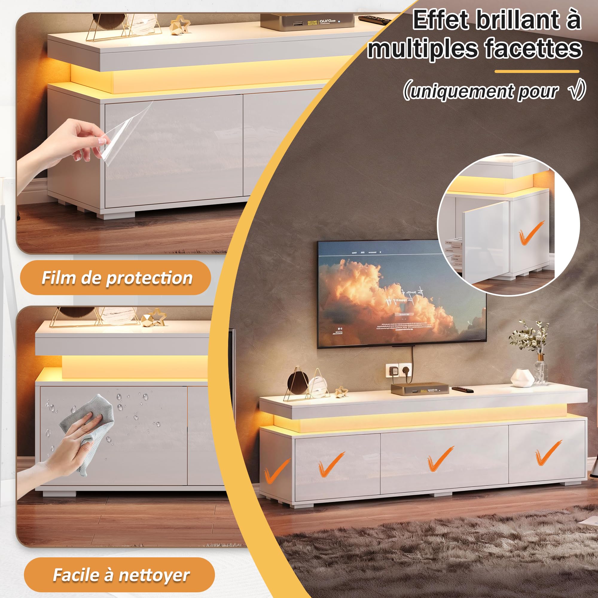 Meuble TV Bois Moderne 150 cm, 3 Portes avec LED, Meuble TV Blanc de Salon pour Petits Espaces, Meuble Télé Haut Rangement Bas pour Télévision