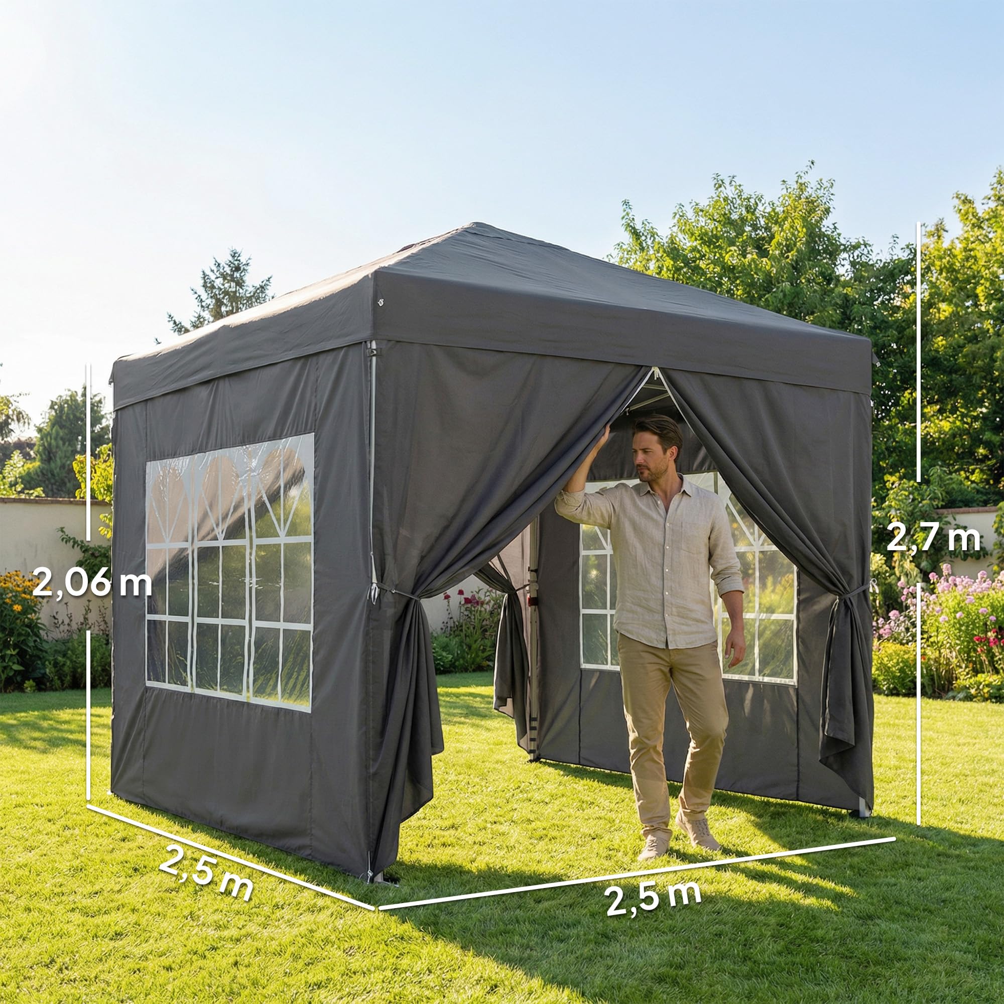 Outsunny Tonnelle de Jardin 2,5 x 2,5 m Pop up Tente Pliante réglable en Hauteur Protection UV50+ tonnelle Pliante avec 4 parois latérales Sac de Transport Montage Facile Gris foncé