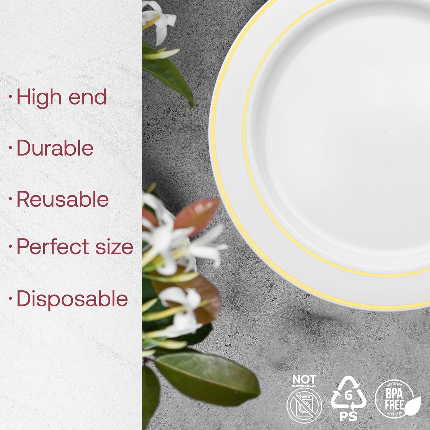 Smarty Had A Party 120 Pcs Elegant Disposable Dessert Plates, 6" Heavy Duty Fancy White Plastic Plates with Gold Rim for Appetizers, Salads, and Cakes