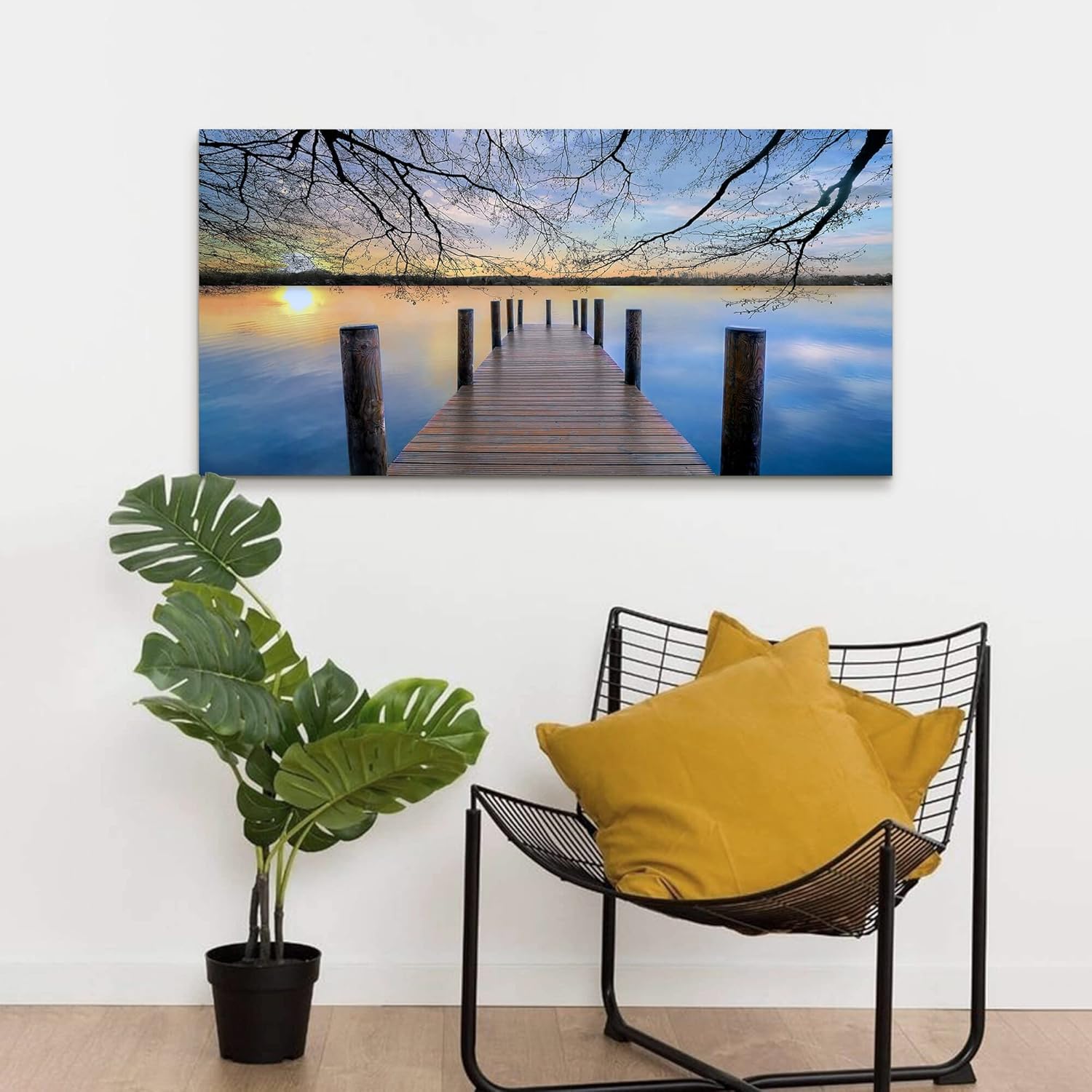 WALLSUP DECOR Lake Canvas Wall Art Picture - Landscape Artwork Nature Scene Dock Painting with Sunset Calm Pier Print for Home Wall Living Room Bedrooms