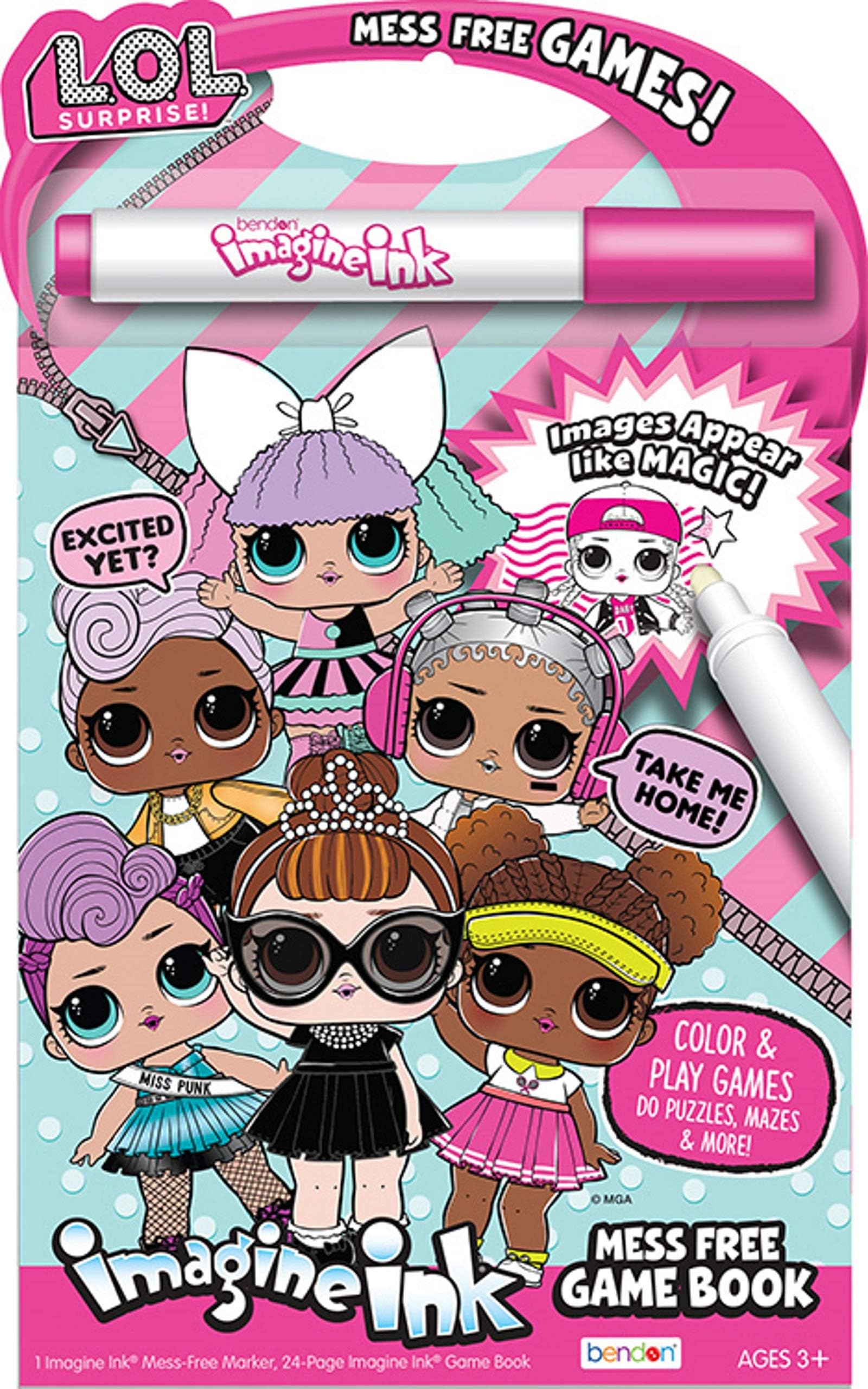 L.O.L. Surprise! 20 Page Imagine Ink Mess Free Coloring Game Book with Mess Free Marker Bendon 46004