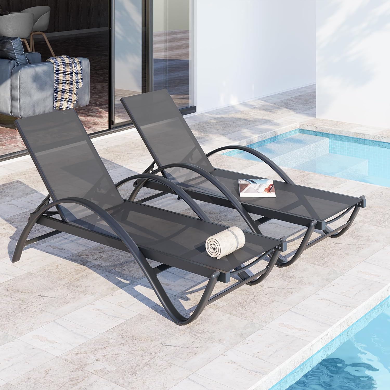 JY QAQA 2PCS Patio Outdoor Lounge Chaise with Wheels, Aluminum Patio Lounge Chair with 5-Position Adjustable Positions for Poolside, Beach, Yard，Dark Grey