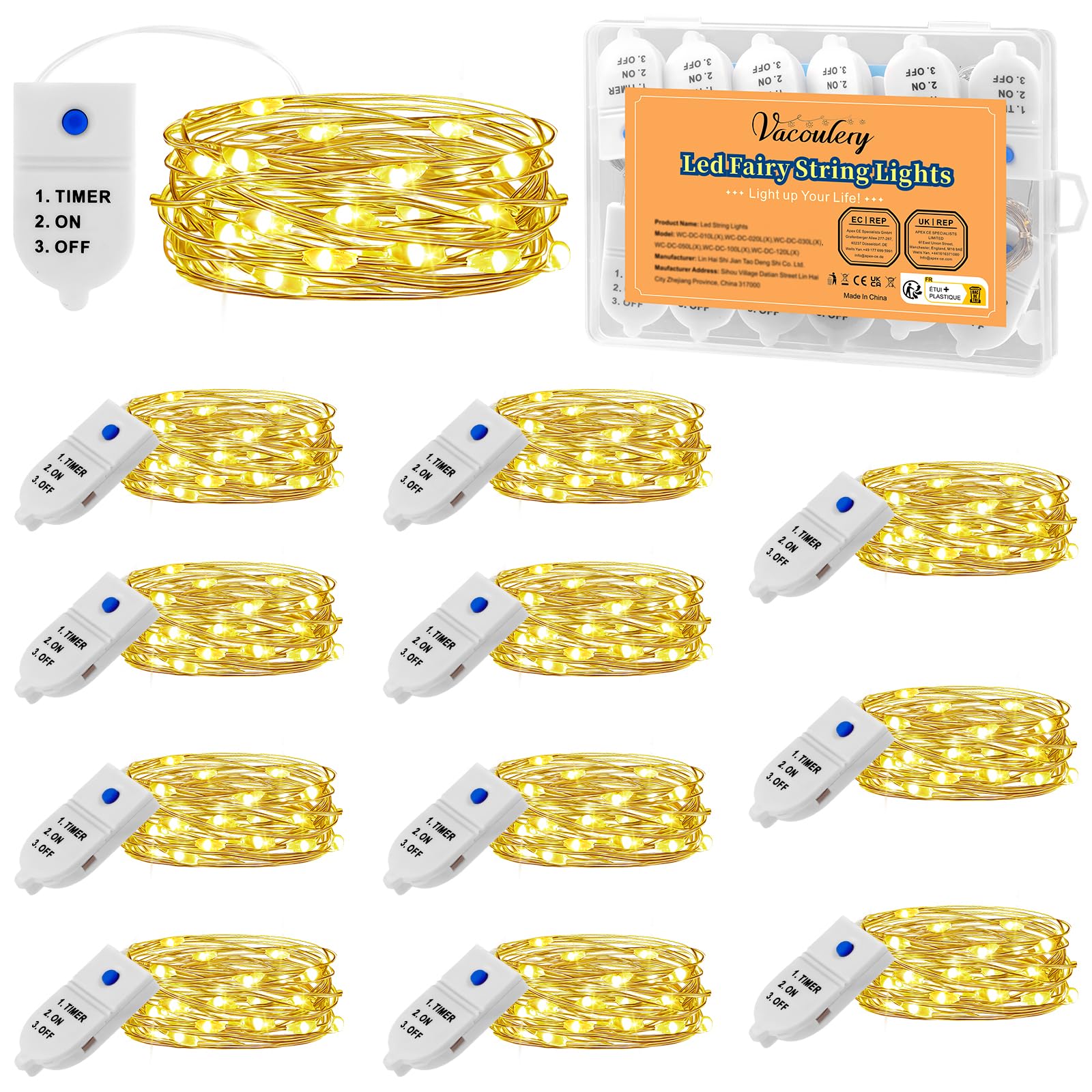 LED Fairy Lights Battery with Timer, CR2450 Battery Copper Wire Fairy Lights 2 m 20 LED Battery Operated Fairy Lights Wire for Indoor Christmas Wedding Party Decoration (Upgraded Pack of 12)
