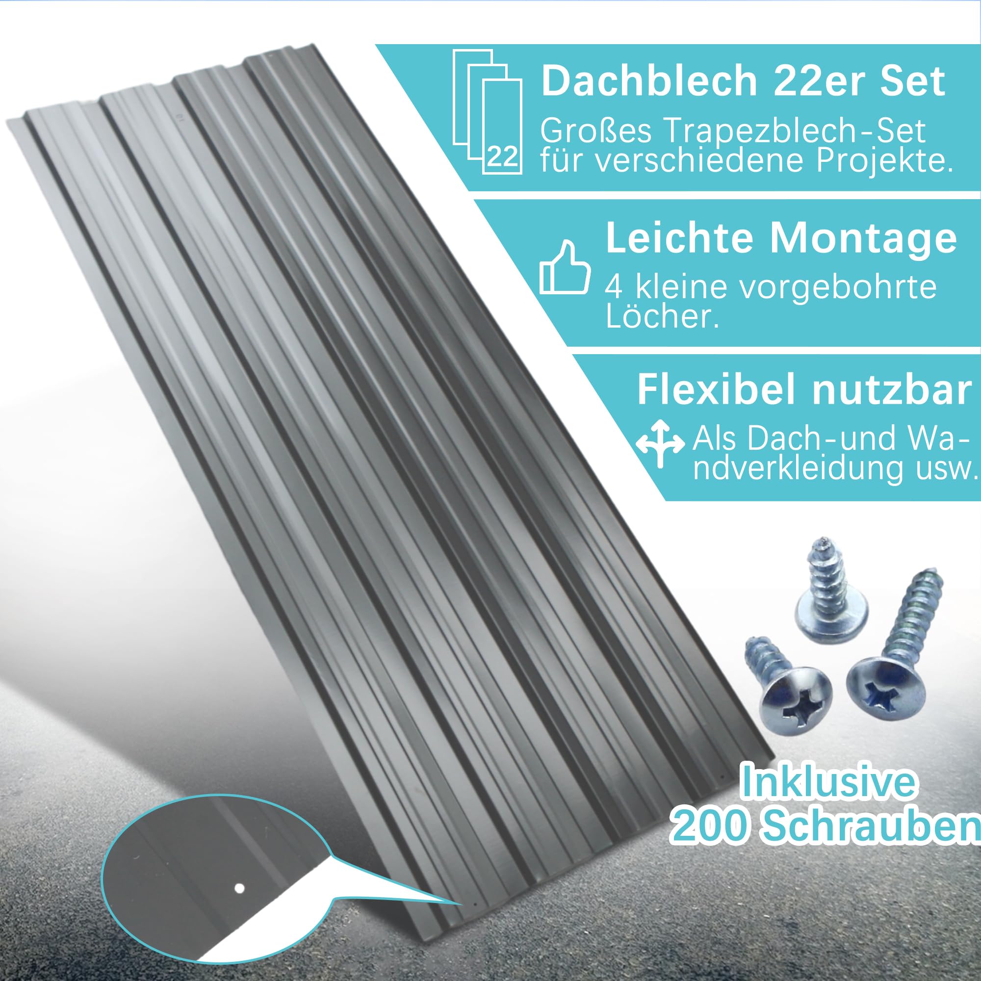 Thanaddo 22er Set Trapezblech Profilblech, 10,12m² Dachblech Platten, 0,25mm Verzinkter Stahl mit vorgebohrten Löchern, 108x43cm Blechplatten mit Schrauben für Gartenhaus Carport Schuppen, Grau