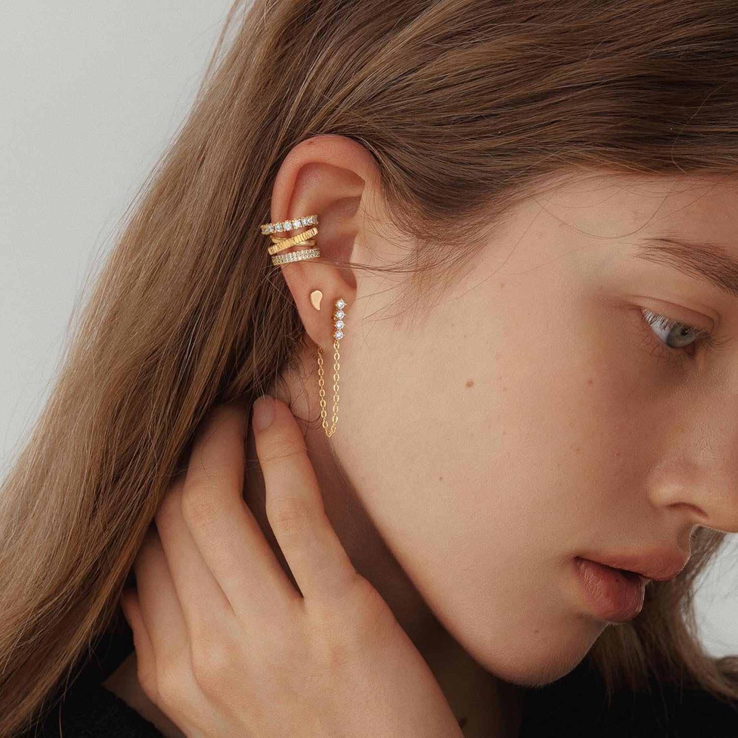 LOYATA Chain Studs Earrings Gold 14K Gold Plated Dainty Cubic Zirconia Dangle Earrings With Chain Small Hypoallergenic Jewelry Gift for Women - Image 3