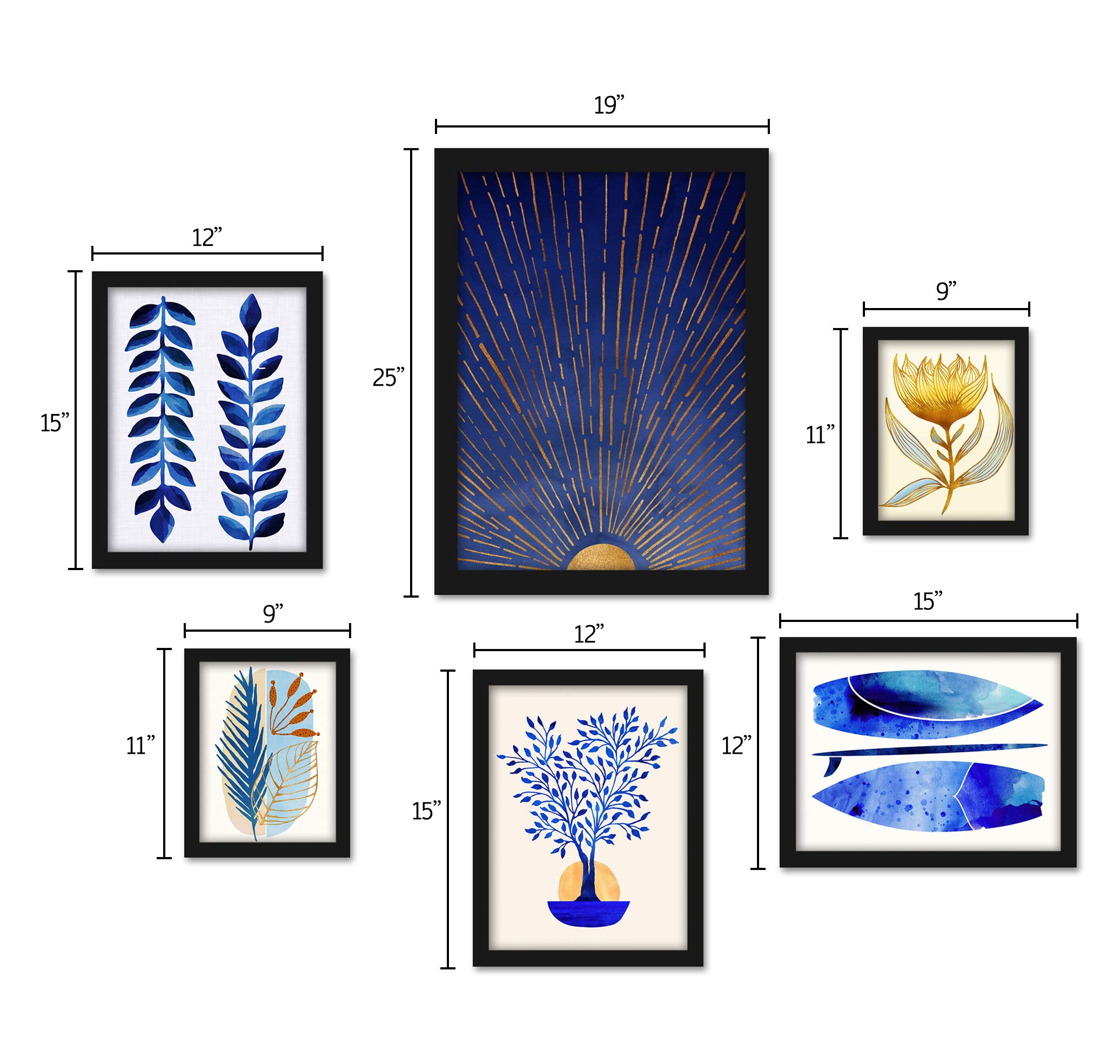 Americanflat Framed Gallery Art Wall Set - Set of 6 - Includes One 19x25, Two 9x11 and Three 12x15 Frames - Modern Tropical Prints - Gallery-Style Frames for Wall Display - Black