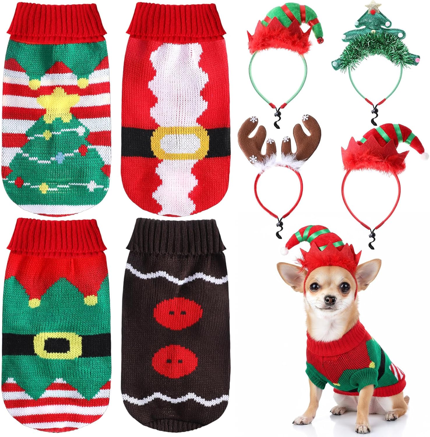 8 Pack Dog Christmas Costume Dog Christmas Pet Sweaters and Headband Set Winter Knitwear Xmas Clothes Adjustable Xmas Hair Hoop Headwear for Pet Costume Accessories(Medium)