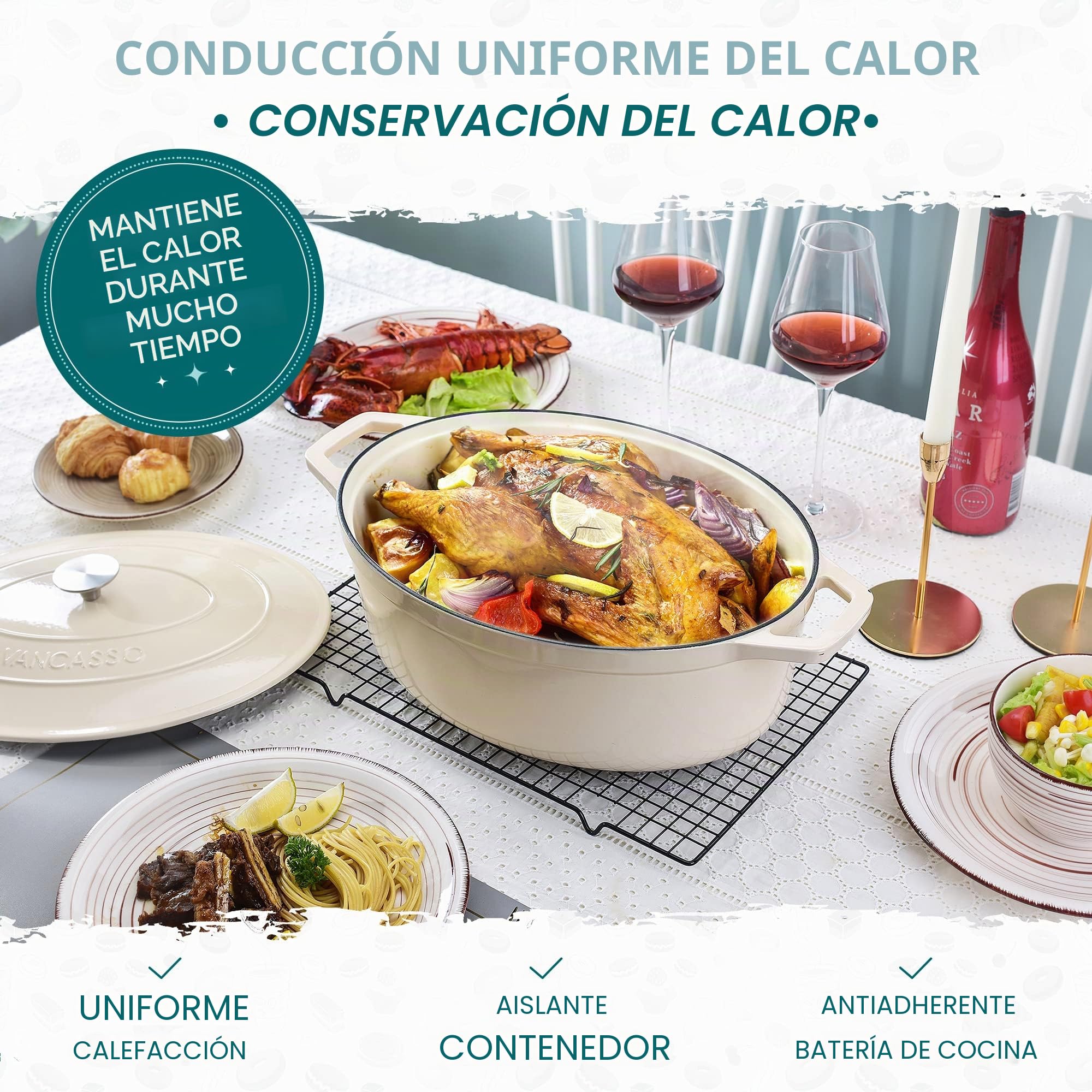 vancasso Cazuela de Hierro Fundido Esmaltado, 37 CM / 8 Litros Ollas de Hierro Fundido Horno Holandés con Tapa Redonda de Acero Inoxidable Apto para Todo Tipo de Estufas- Blanco