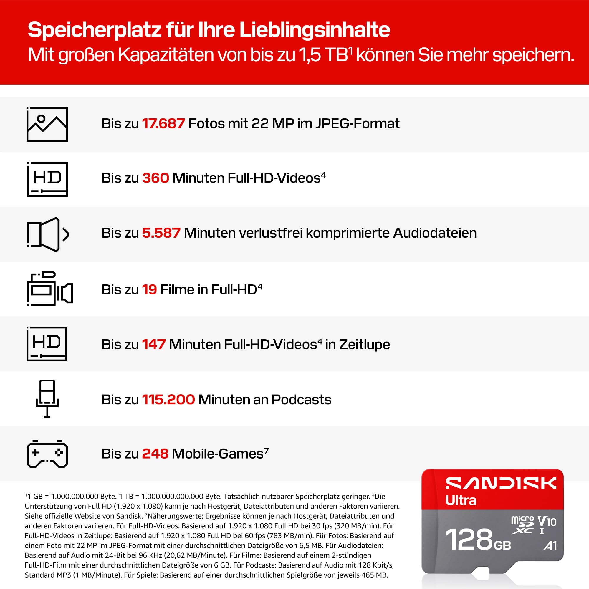 SANDISK Ultra microSDXC 128 GB, UHS-I-Karte + SD Adapter (bis zu 195MB/s Lesen, Full-HD-Video, V10, U1, C10, A1) Karte für Android-Smartphones oder -Tablets, Kameras und Laptops