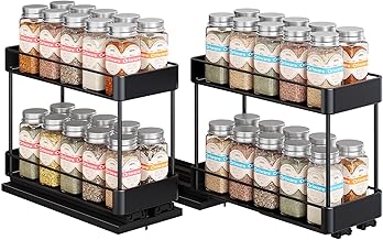 Removable Drawers for Kitchen, 2 Tier Kitchen Organizer, 2 Sets Spice Racks for Kitchen, Metal Construction, Black, 20.5 x 11.5 x 26.5 cm