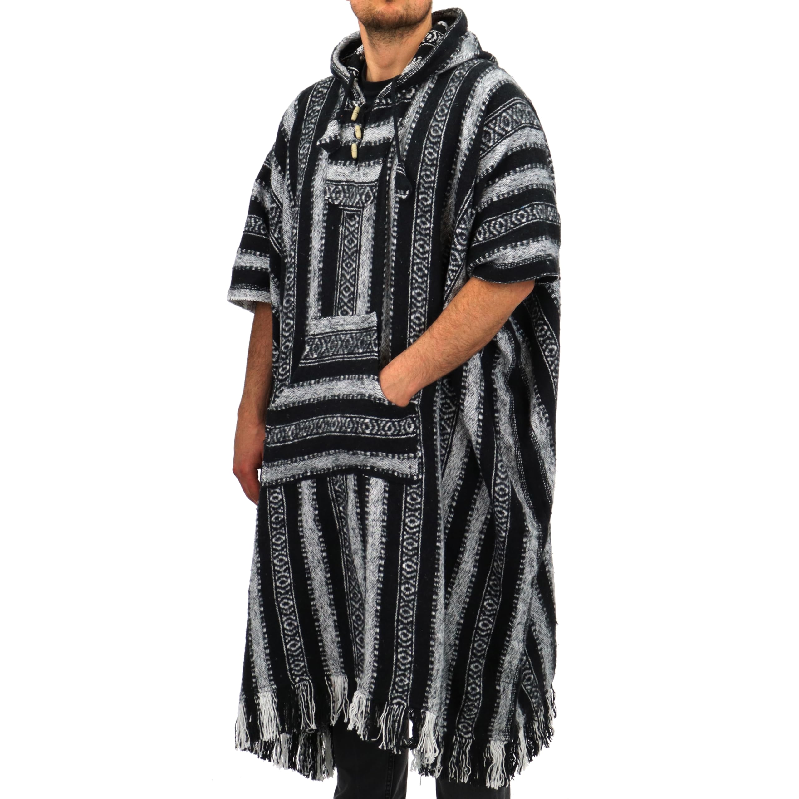 LOUDelephant 100% Woven Cotton Long Hooded Poncho - Black & White