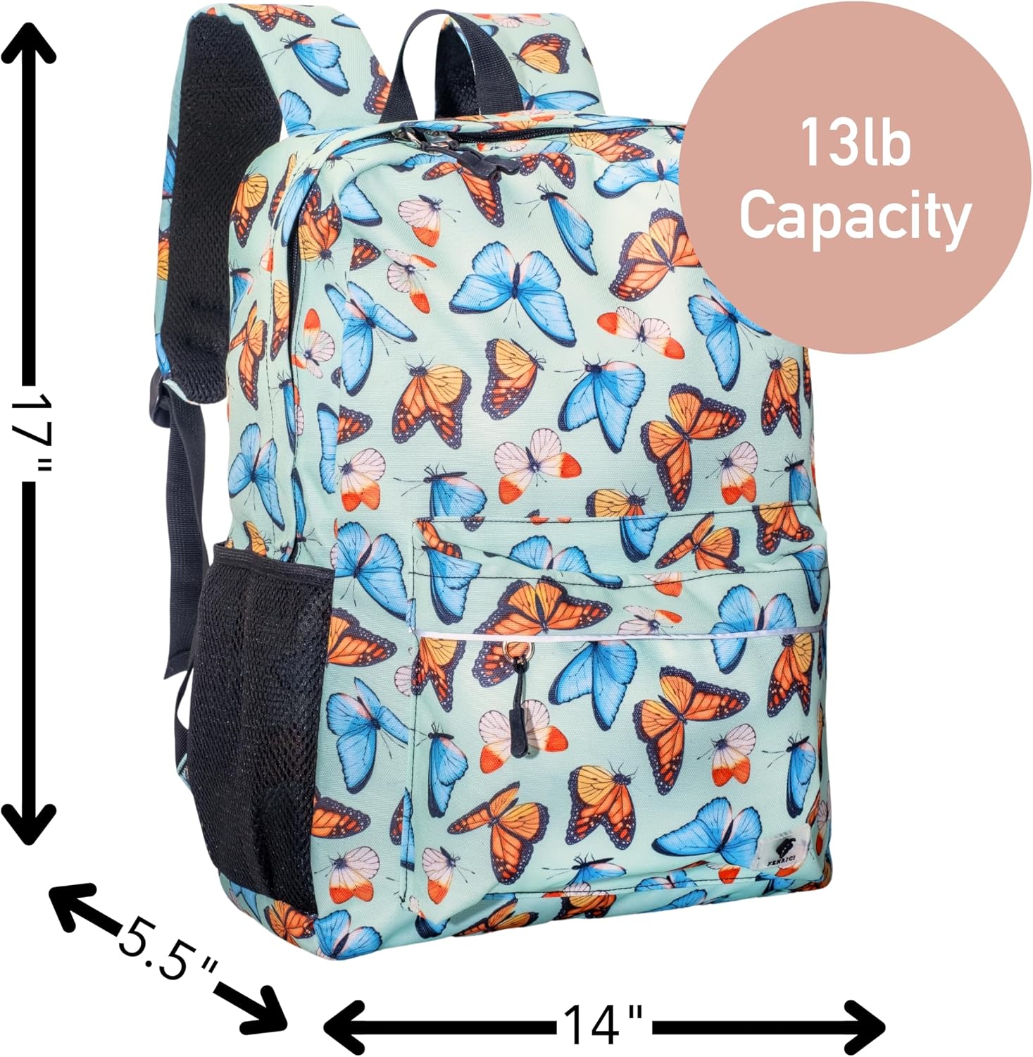 Fenrici Butterfly Backpack for Girls, Teens, Girls' Backpack for School, Kids' Bookbags with Padded Laptop Compartment, Butterfly, Monarch Green, 17 Inch