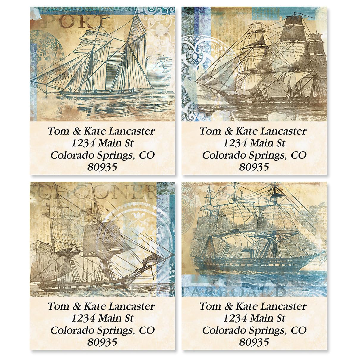 Sailing Ships Square Select Return Address Labels (4 Designs) - Set of 144, 1 1/2" x 1 3/4" Self-Adhesive, Flat-Sheet Label