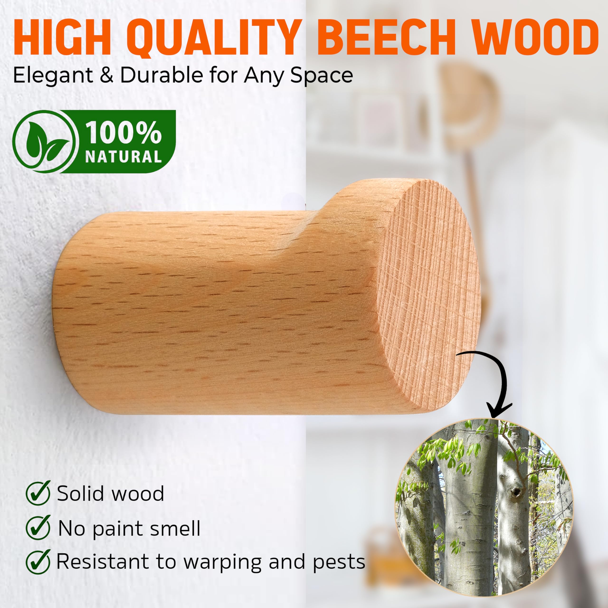 DANLINH&OCVIT Wood Wall Hooks 6 Pack– Handmade Oak–Rustic Minimalist Wooden Peg Rack for Coats, Hats, Towels–Easy Wall Mount for Entryway, Bathroom, Bedroom,Wooden Towel Hooks, Hook