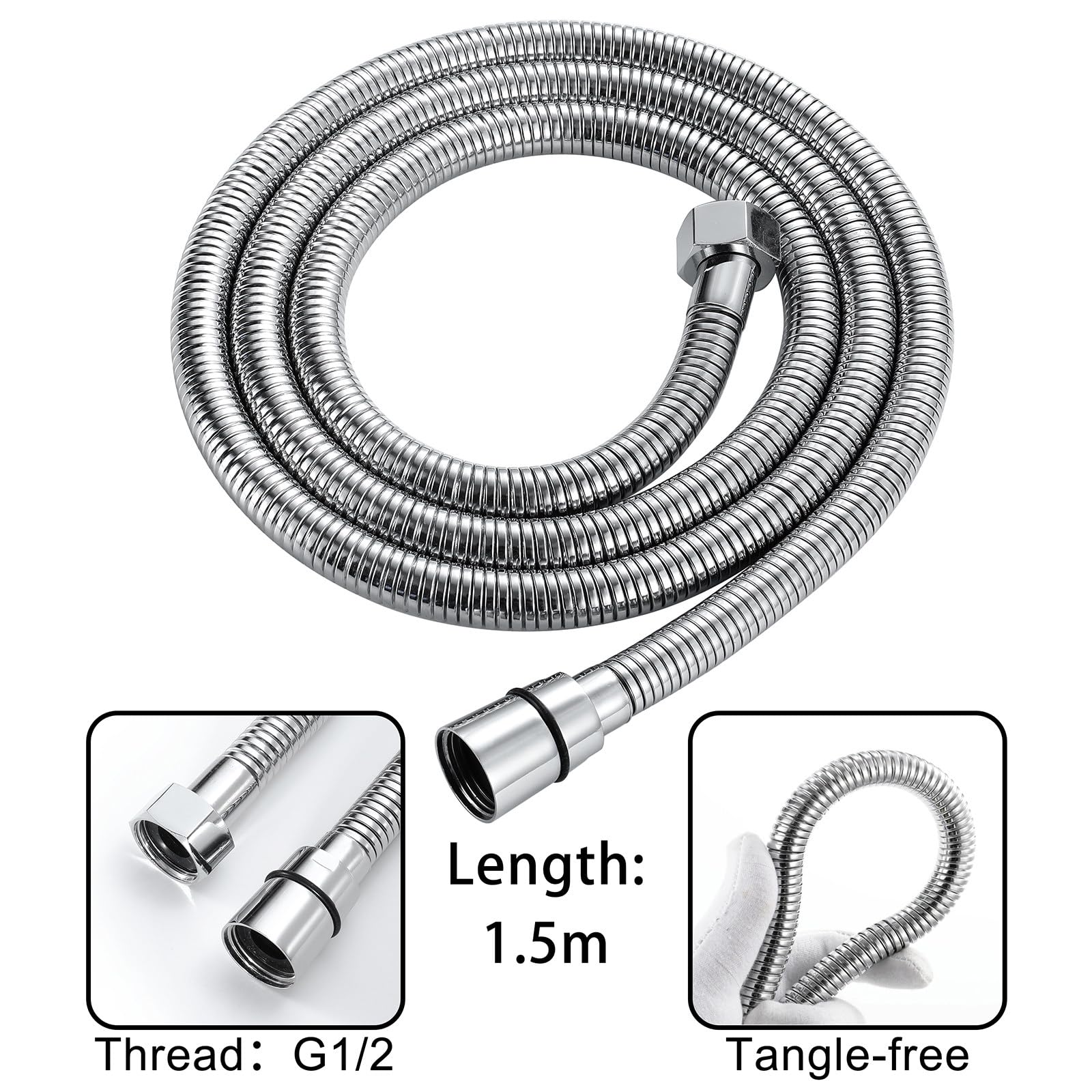 Alcachofa de Ducha con Manguera 1.5M, Shower Head de Grande, Redondo Cabezal Ducha Mano de Alta Presión con 2 Tipos de Chorro, Ducha de Lluvia con Ahorro de Agua, Cromo