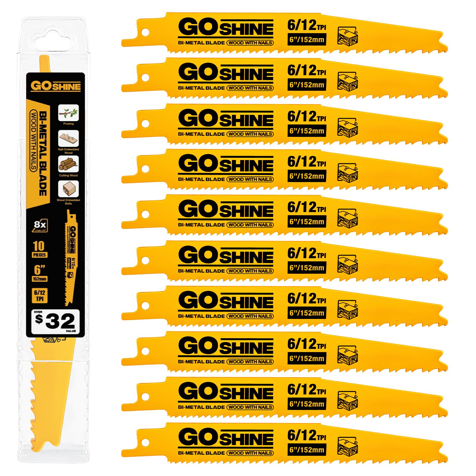 10 Pack 6 Inch 6/12TPI Reciprocating Saw Blades,Stud and Nail Saw Blades, 6" High Strength Bi-Metal Saw Saw Blades Wood and Nail-Embedded Wood, Metal,