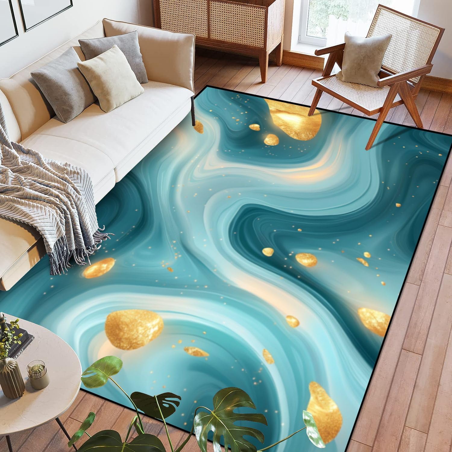 Area Rug Abstract Marble Background Teal Gold Foil Art