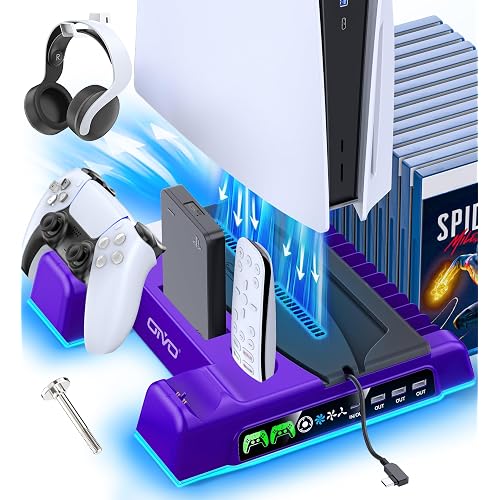 PS5/Slim/Pro Stand and Cooling Station with LED Controller Charging Station for PlayStation 5 Console, Controller Charger, Cooling Stand, PS5/Slim/Pro Skin Accessories Kit with 3 Level Cooler Fan