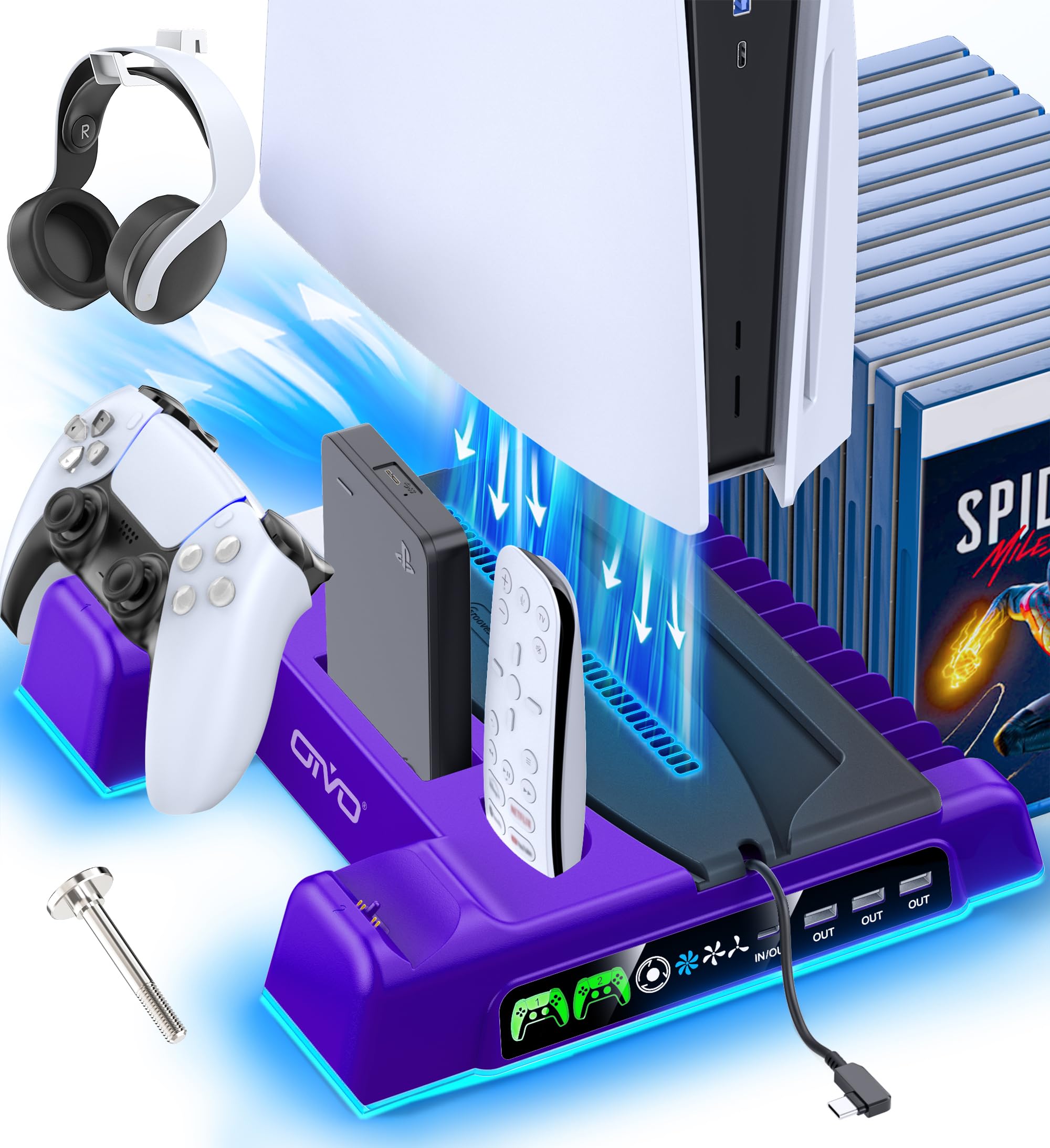 PS5/Slim/Pro Stand and Cooling Station with LED Controller Charging Station for PlayStation 5 Console, Controller Charger, Cooling Stand, PS5/Slim/Pro Skin Accessories Kit with 3 Level Cooler Fan