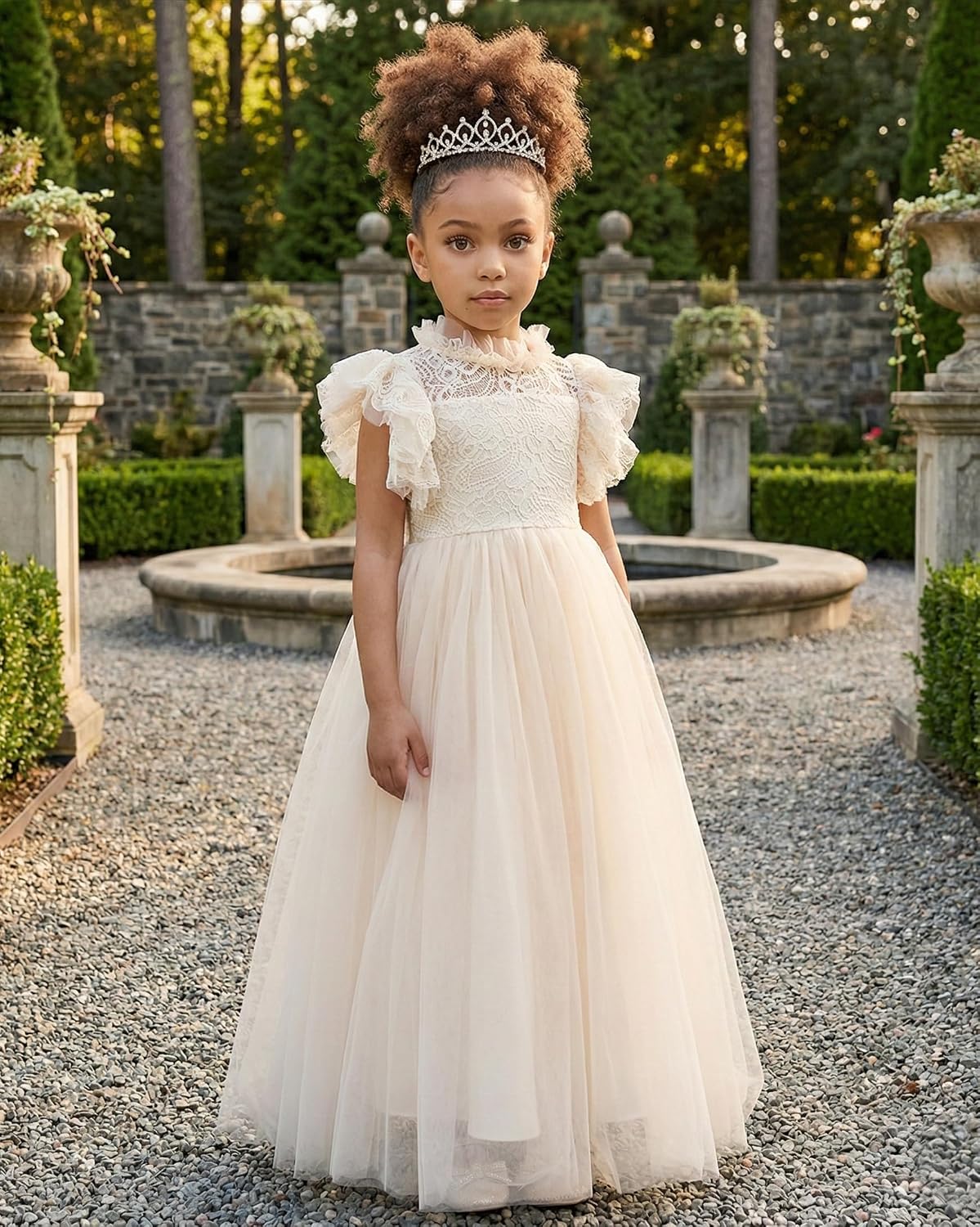 2Bunnies Girl Iris Floral Lace High Neck Ruffled Flutter Sleeve A-Line Tutu Tulle Party Flower Girl Dress