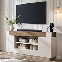 OKD Modern Rustic 70" TV Stand for TVs up to 80" - Entertainment Center with Open Storage, Side Cabinets, Antique White