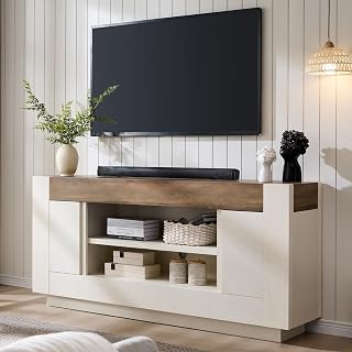 OKD 70" Modern TV Stand for 80" TVs - Antique White Entertainment Center with Open Shelves, Hidden Cabinets & Cable Management