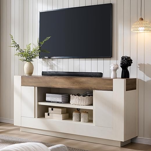 OKD Modern 70" TV Stand, Entertainment Center for TVs Up to 80", Media Console with Large Open Storage & Side Cabinets, Thick Wood Design for Living Room, Antique White