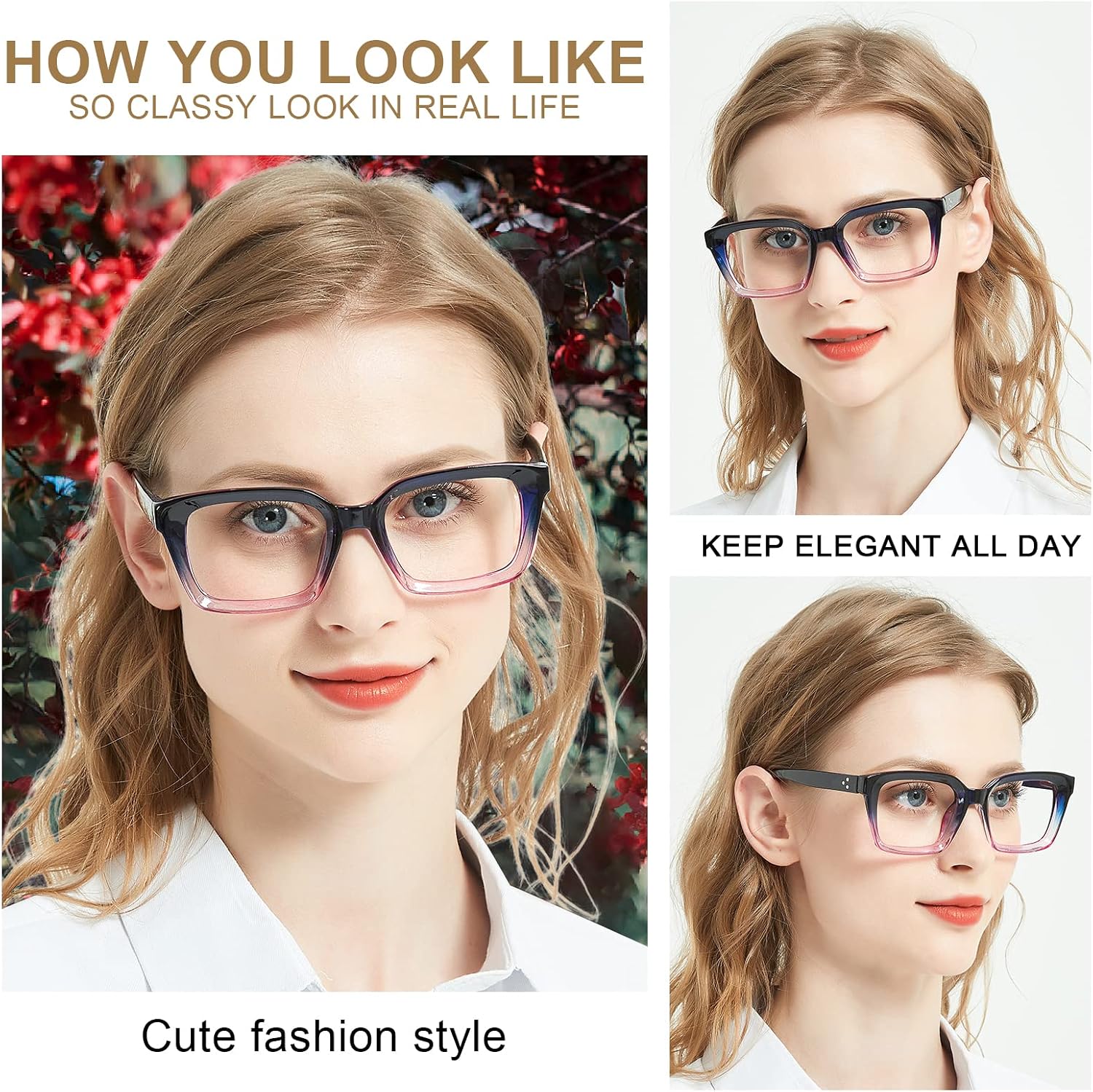 AEZUNI Retro Reading Glasses Women 1.0 Oversized Square Frame Fashion Readers 100 125 150 175 200 225 250 275 300 350 400 500 600 (Purple)