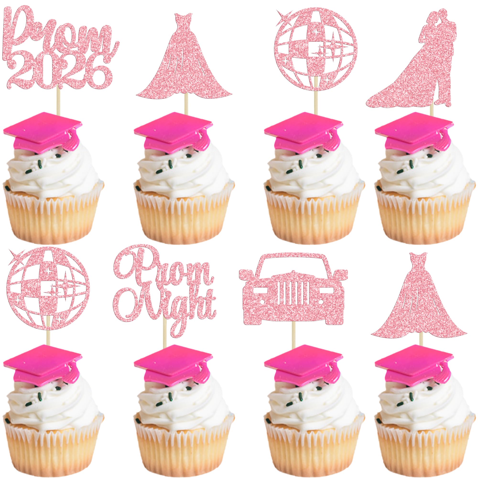Ephlyn 24Pcs 2026 Graduation Cupcake Toppers Glitter Prom Cake Toppers 2026 Prom Cake Decorations for Class of 2026 Prom Graduation Party Decorations Supplies Pink — image 1