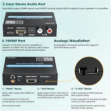 HDMI Audio Extractor Converter, 4K@60Hz Audio Adapter with Optical SPDIF + 3.5mm Stereo + Analog RCA L/R Audio Adapter, HDMI ARC Converter Supports 5.1 HDCP 2.2 HDR 18Gbps, for PS5 Xbox HDTV