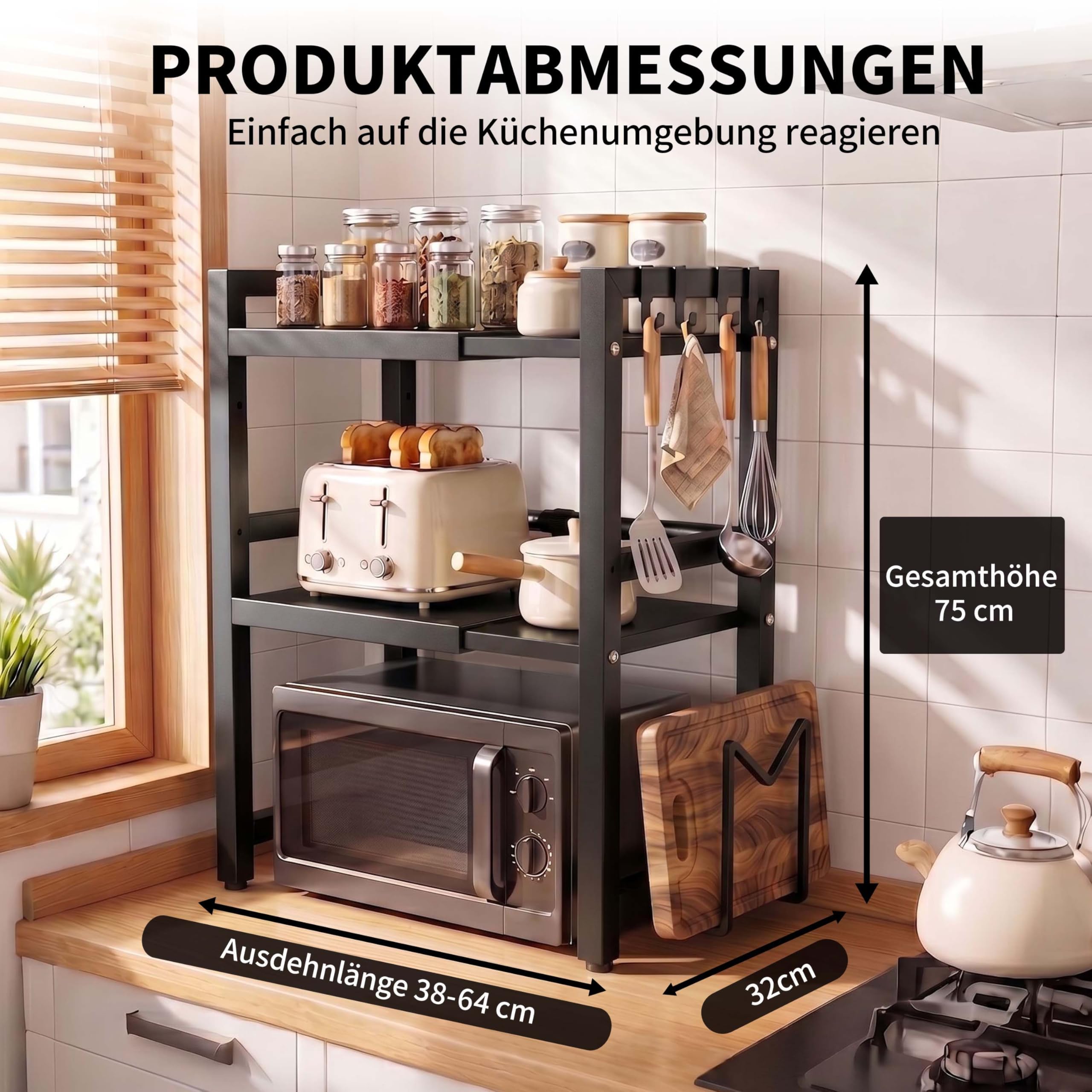 Erweiterbares Mikrowellen Regal 3 Stufig, Bäckerregale mit Haken, Kitchen Organizer Shelf für Küchenaufbewahrung, 3-stufiges Gewürzregal, Küchenregal Stehend für Backofen (Schwarz VP3, 3-Stufig)