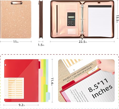 Miniatura 2 de Ospelelf Carpeta portafolio de cuero con almacenamiento en portapapeles, carpeta de 3 anillos con cremallera, calculadora solar, funda para tableta