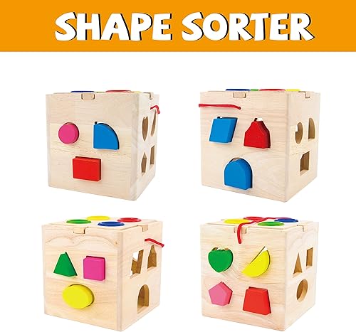 Miniatura 4 de Evmark Toys & Games Formas de madera y cubo de actividades - Formas simples para niños pequeños y preescolares Montessori Learning