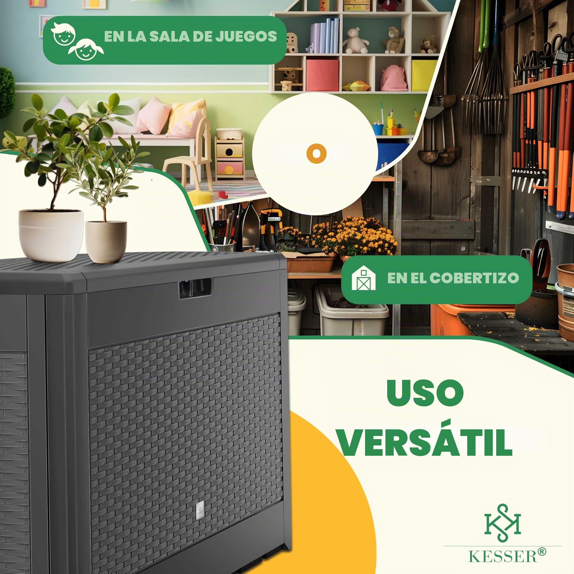 KESSER® Caja para Cojines 310 Litros Con Ruedas, Tapa Plegable, Asas, Aspecto de Ratán, Resistente a la Intemperie, Almacenamiento para Jardín